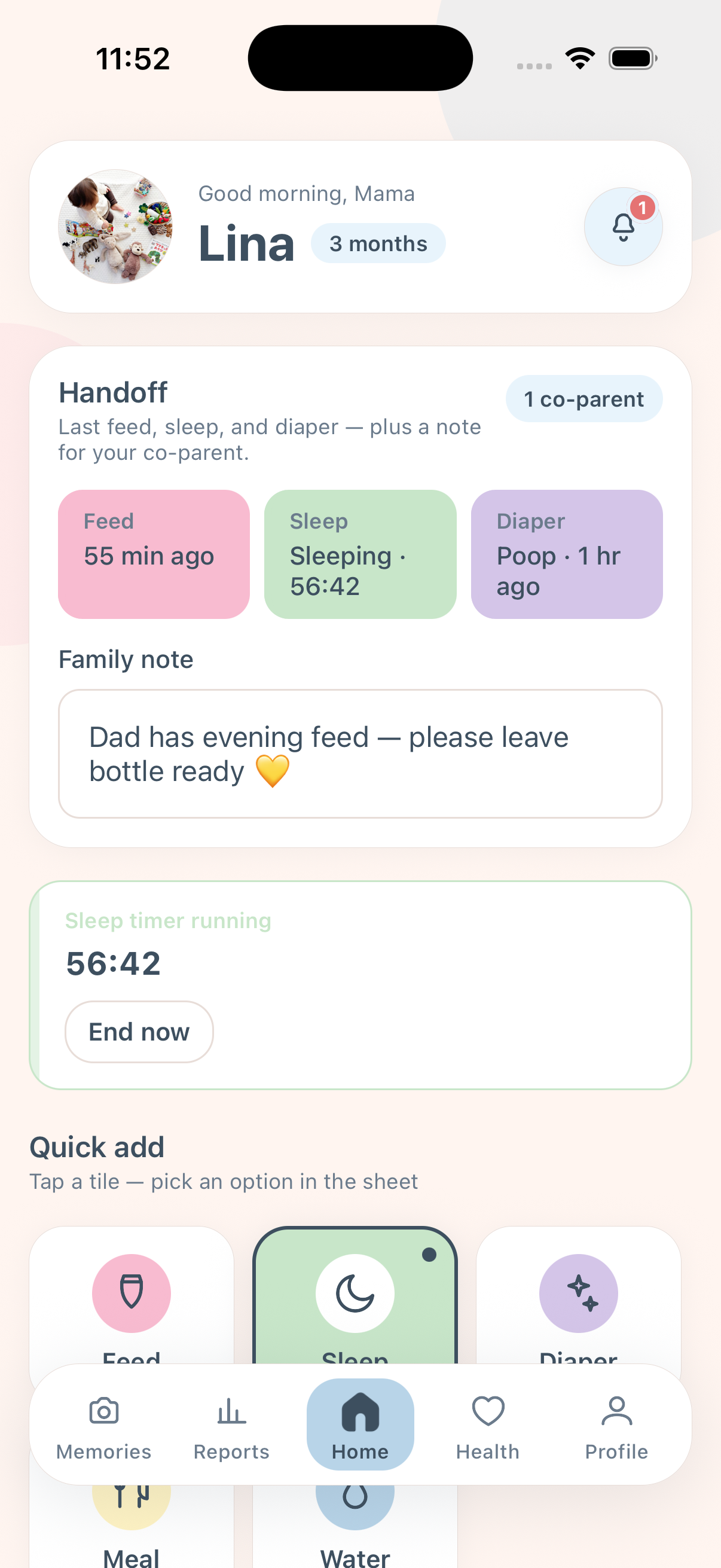 EasyPeasyBaby home — quick logs, sleep timer, and family handoff